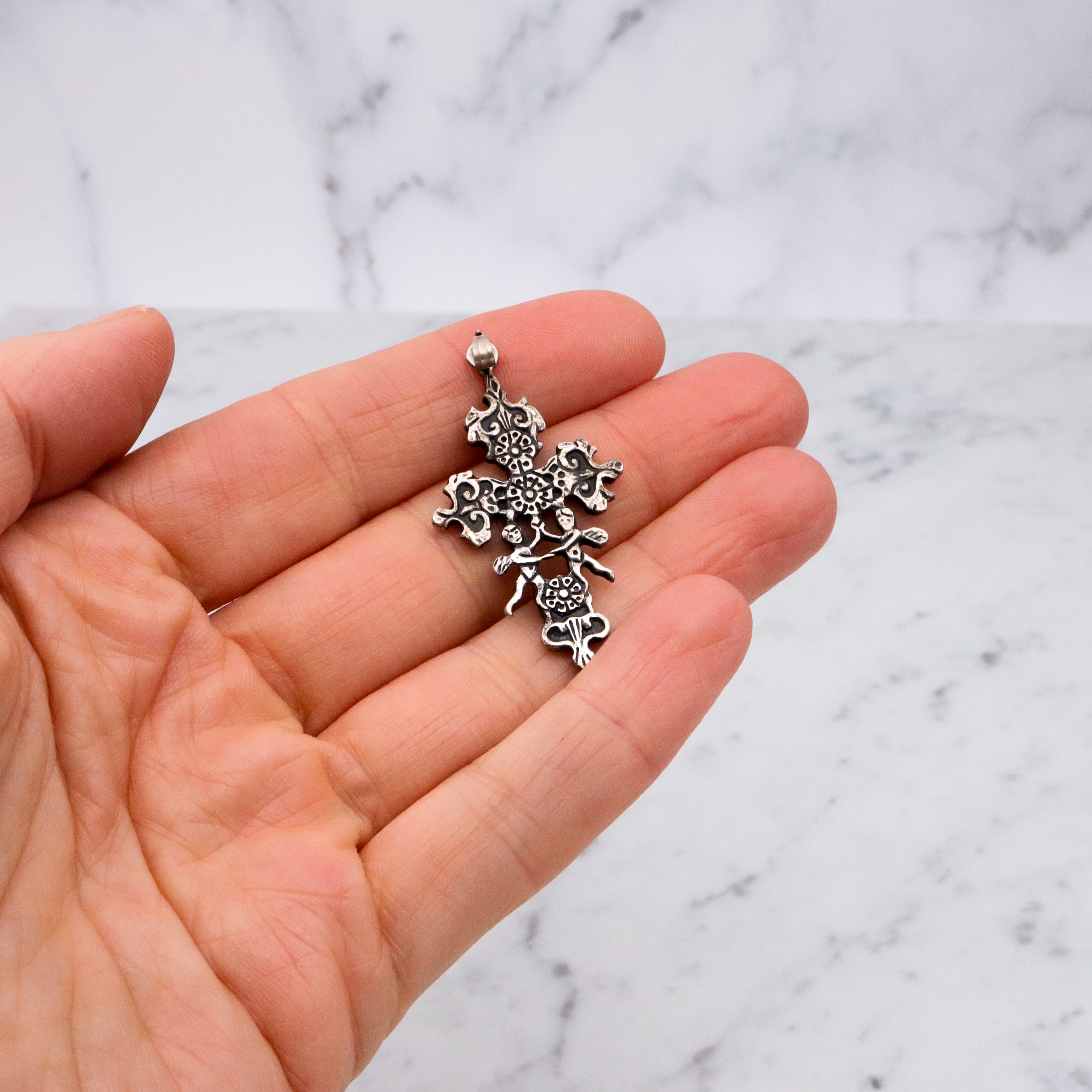 Antique sterling Caravaca cross pendant